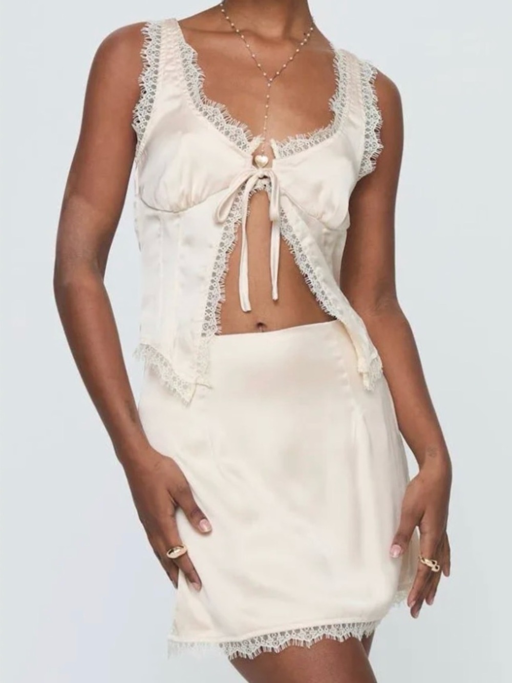 Princess Polly  Mavie Two-Piece Lace & Satin Split Tie Top & Miniskirt 6